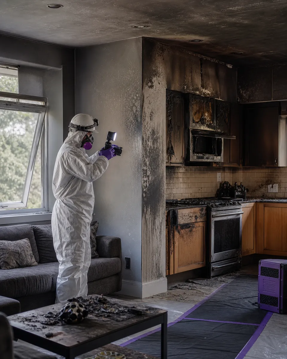 A restoration professional documenting soot and fire damage in a home