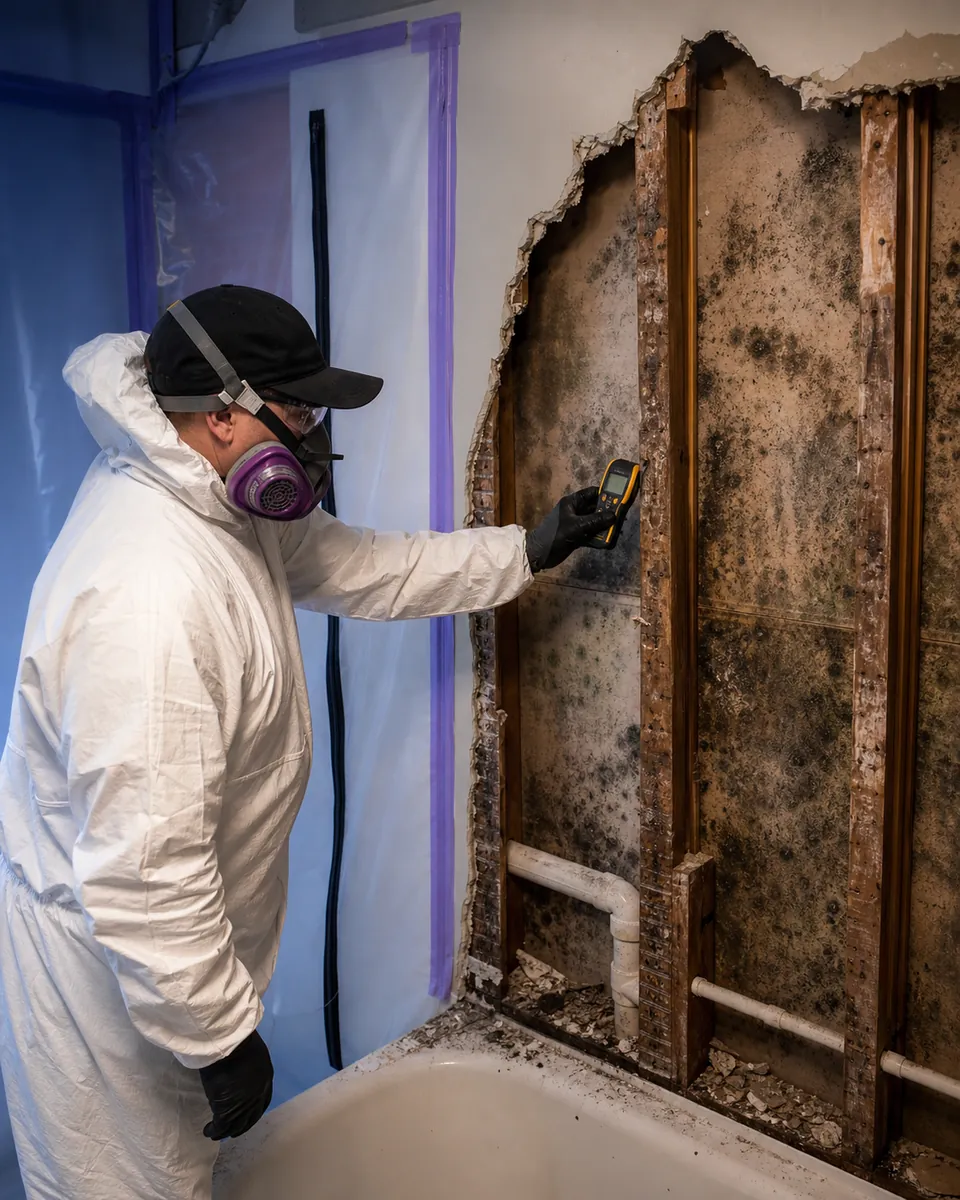 A property specialist inspecting extensive visible mold behind an opened wall