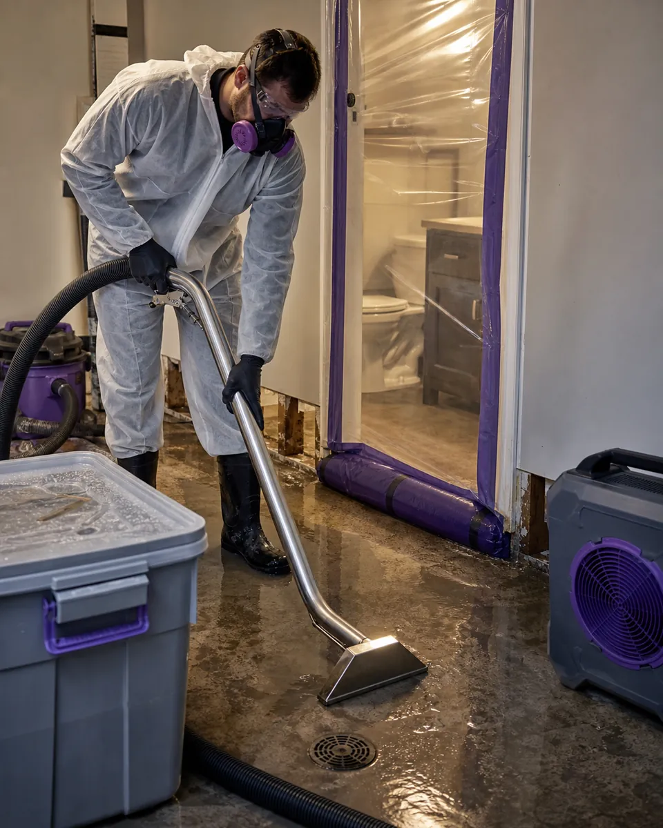 A trained professional extracting contaminated water inside a contained work area