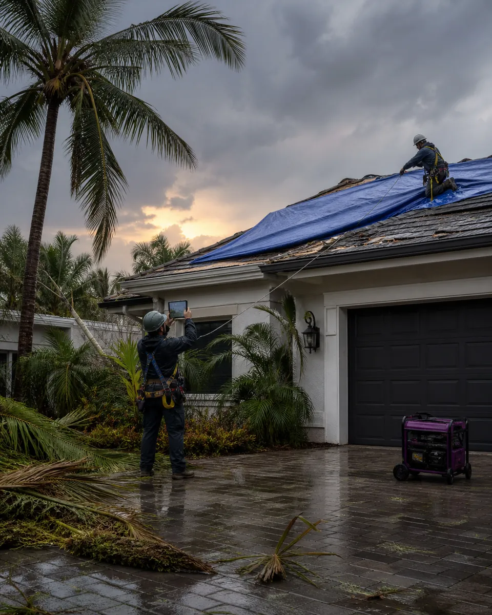 A representative emergency roof-covering scene after storm damage in Florida