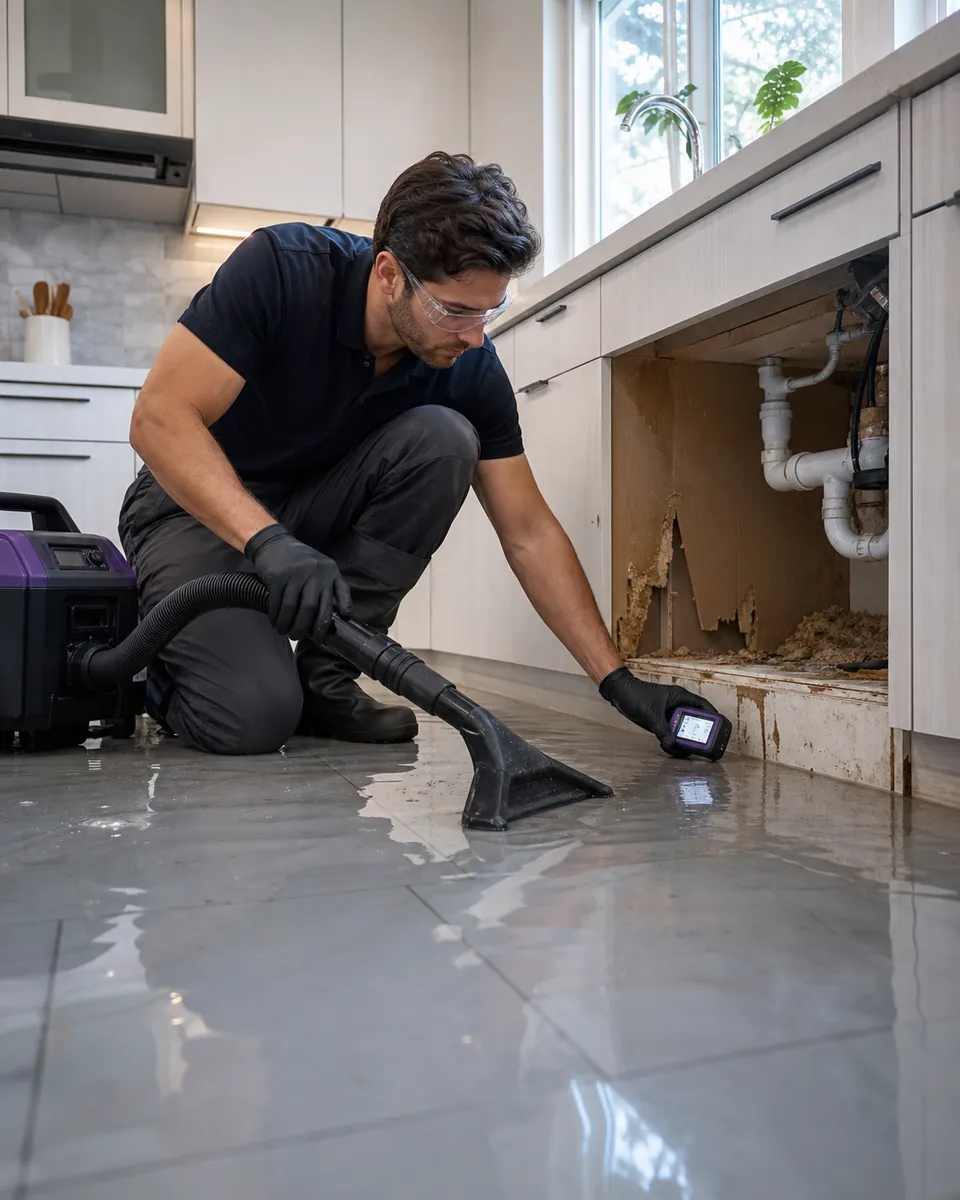 A restoration professional extracting water after a kitchen plumbing loss