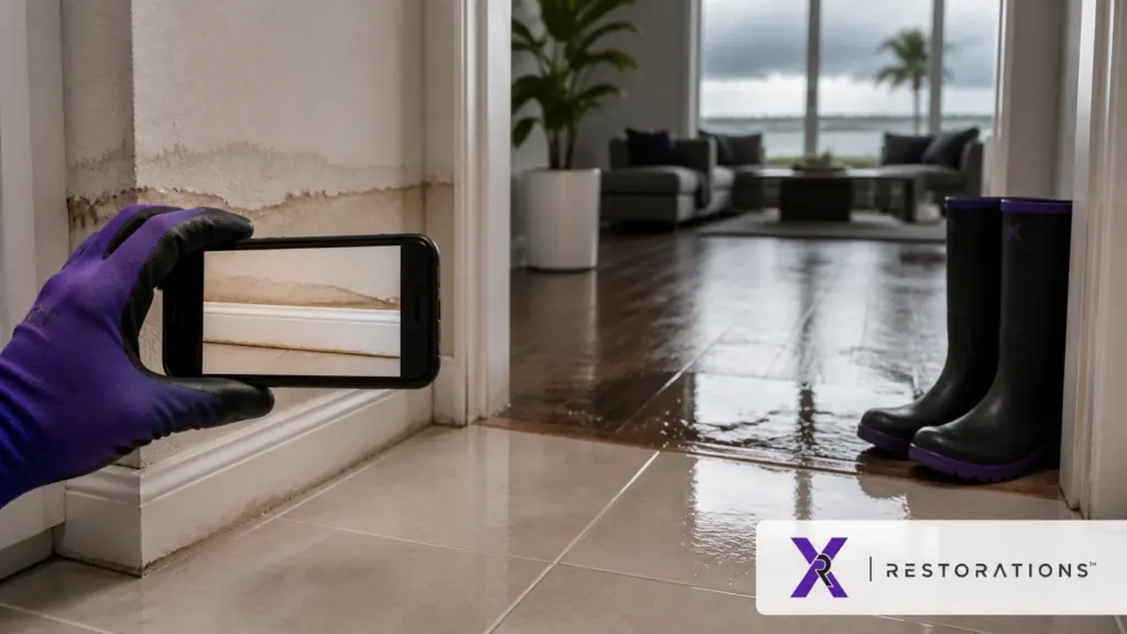 Homeowner documenting flood damage inside a Tampa Bay home before cleanup.
