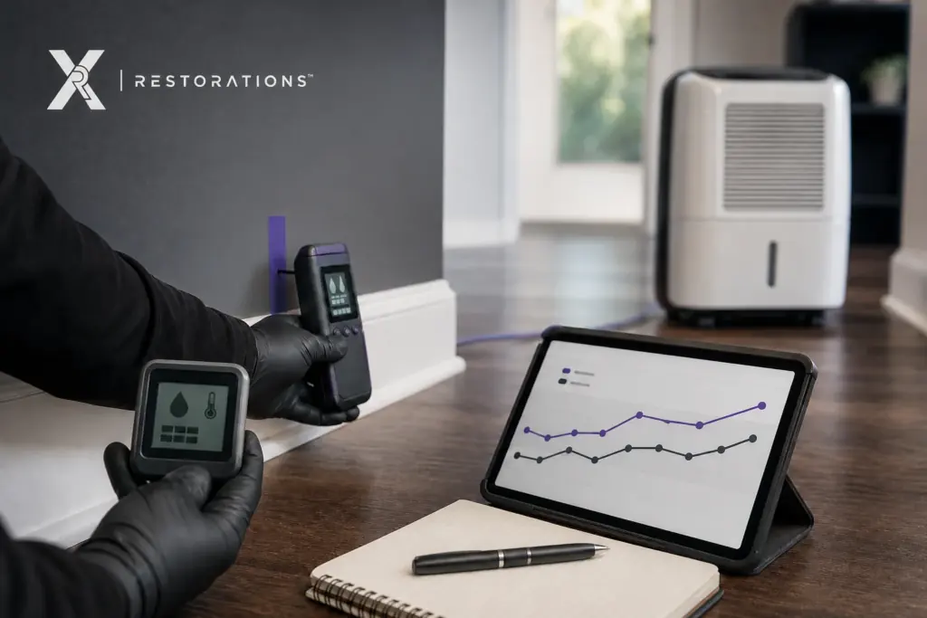 Technician recording repeat moisture readings during monitored drying in a residential interior.