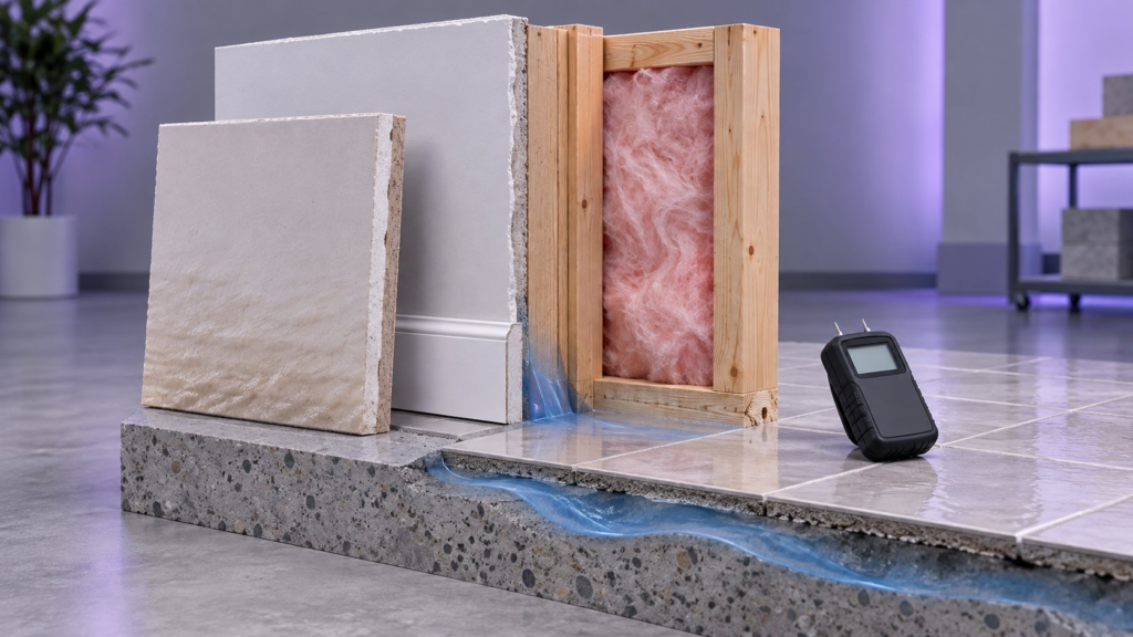 Staged editorial cutaway with intact and swollen gypsum samples, clean framing, insulation, tile, a blue moisture path, and an unbranded moisture meter, illustrating a dry-in-place versus removal assessment. Not a customer property or real job.