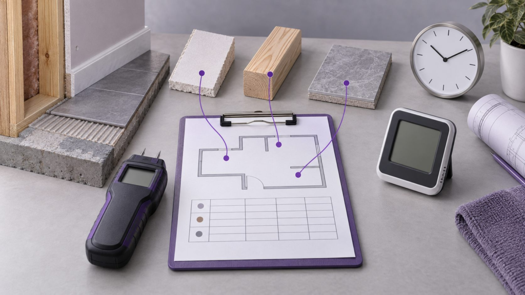 Staged editorial floor-and-wall cutaway with tile, wood, gypsum samples, an abstract room plan, blank measurement grid, unbranded moisture meter, thermo-hygrometer, and clock, illustrating checks for hidden moisture beneath layered flooring. Not a customer property or real job.