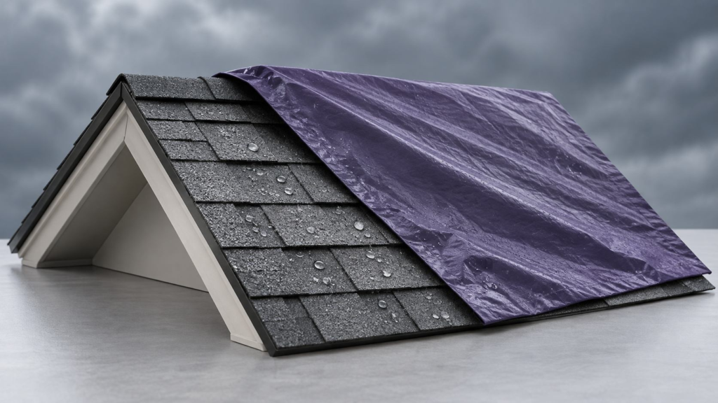Staged editorial roof model with a removable purple tarp over wet shingles against a storm-gray background, illustrating temporary weather protection. Not a customer property or real job.
