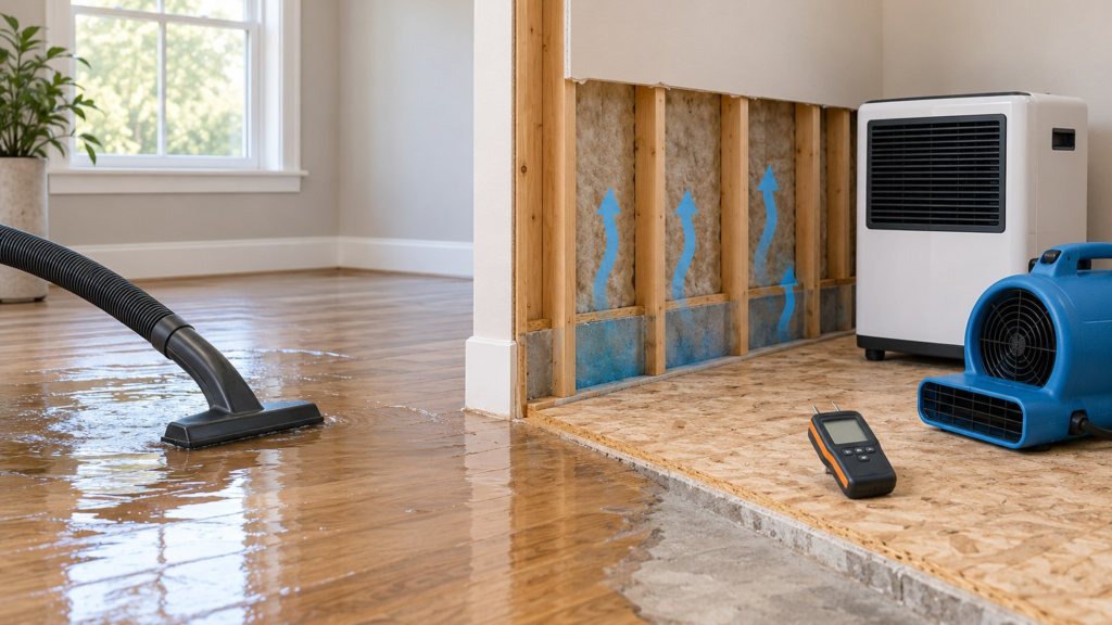 Educational illustration of a water-extraction hose on a wet floor beside drying equipment and exposed wall and floor layers.