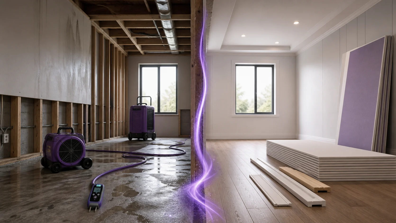 Editorial illustration separating water mitigation and monitored drying from the later rebuild stage.