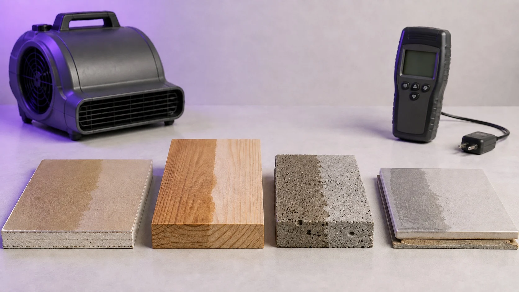 Editorial studio illustration showing drywall, wood, concrete, and tile samples with damp-to-dry transitions beside an air mover and a moisture meter. Not a customer property or real job.